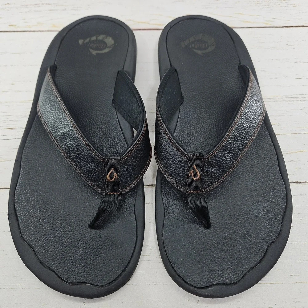 OluKai Ohana Leather Mens Size 12 Black Flip Flop Slip On Thong Sandals